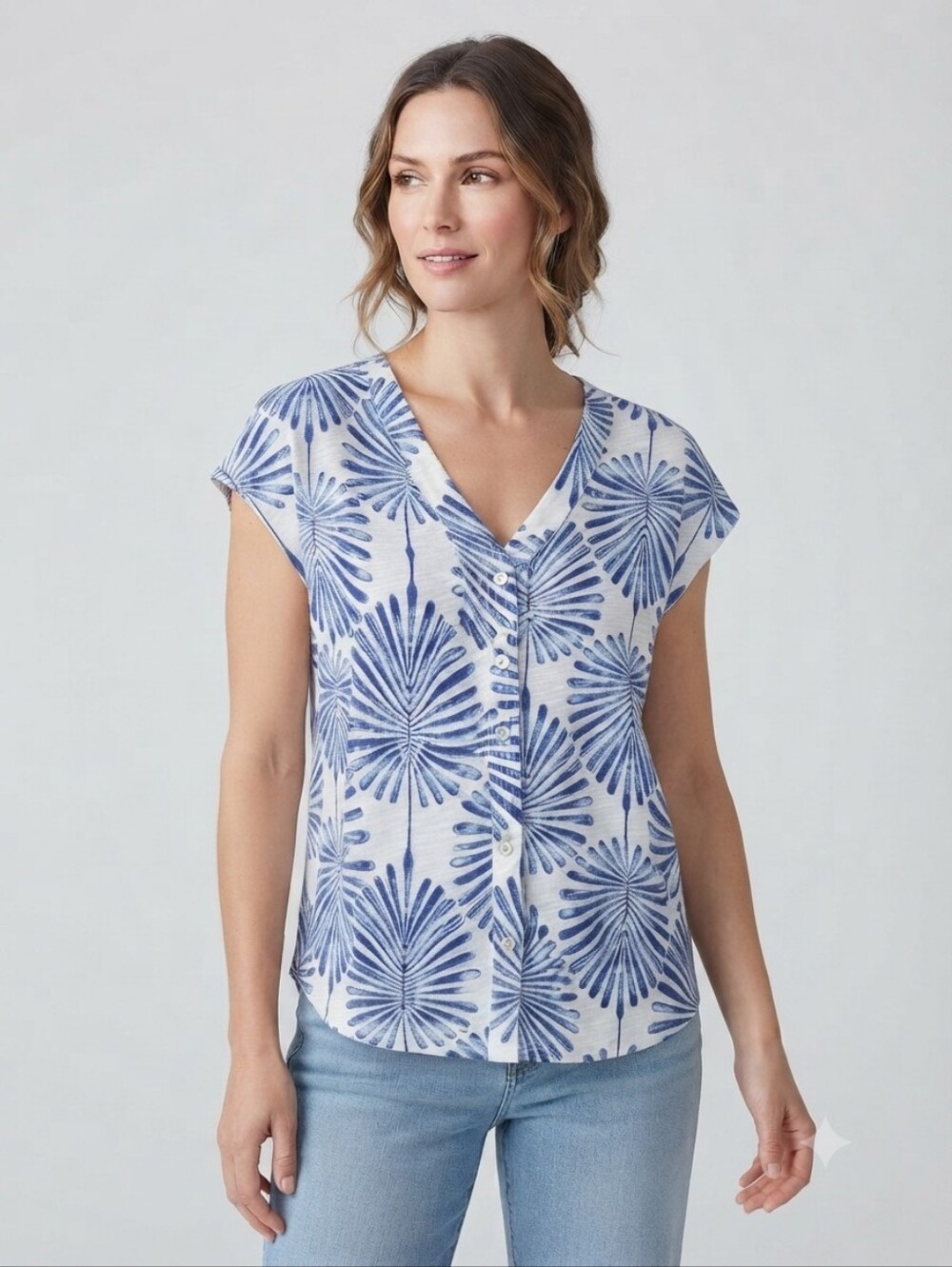 Joie Blue Leaf Print Linen Button Front Blouse Medium